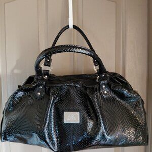 Anne Klein Black Embossed Faux Patent Shoulder Bag Shiny Textured Purse